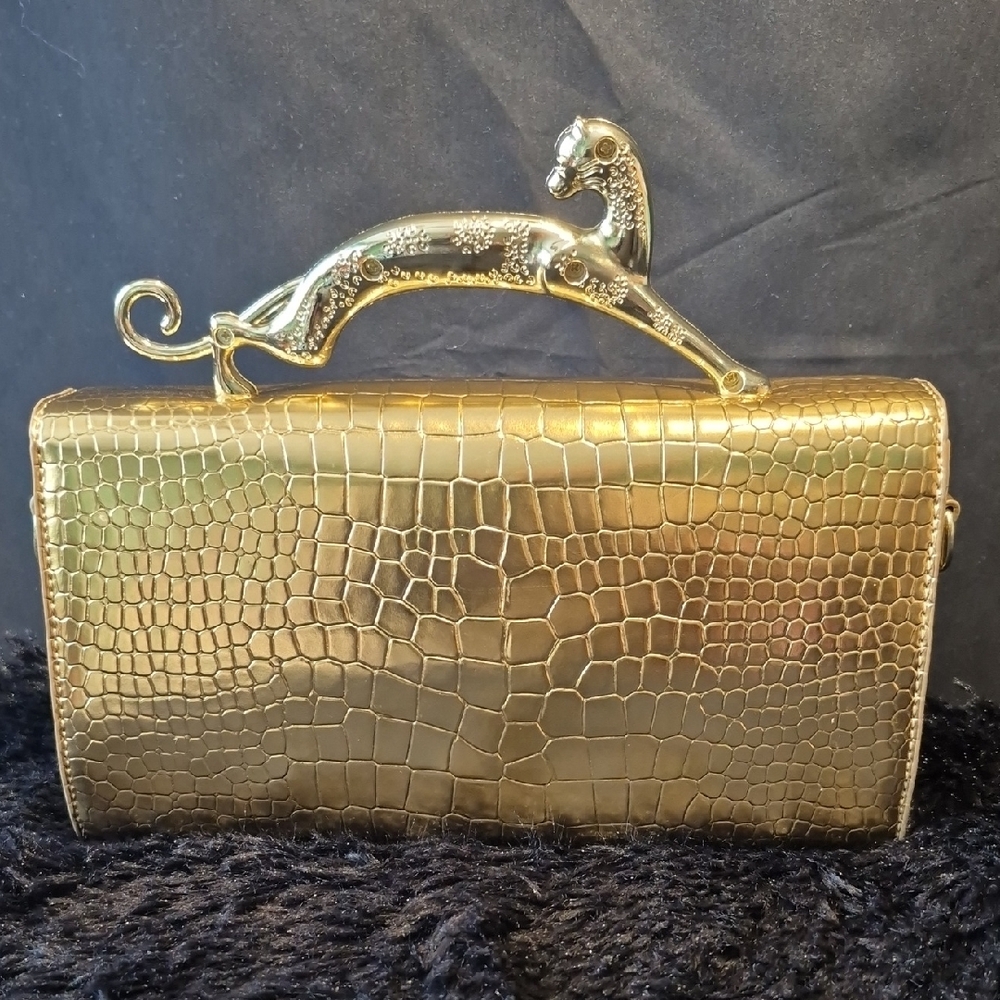 Chic Gold Crocodile Embossed Clutch with Gold Leopard Handle - Picture 7 of 17